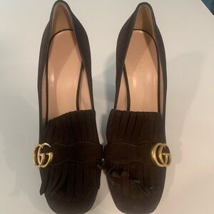 Gucci Women's Dark Brown Loafers with Gold Detail